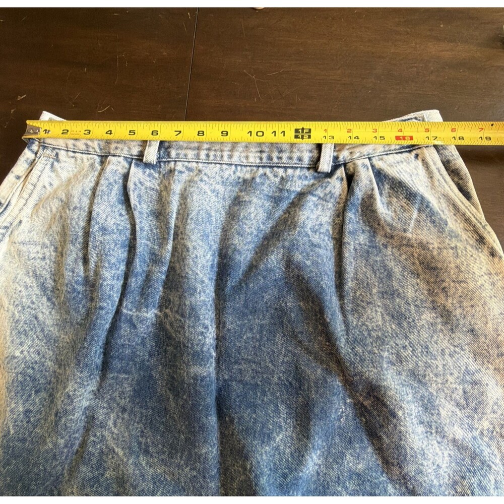 Vintage 80s Palmettos Acid Wash Denim Midi Skirt Pleated Button Back Slit L 16 - Picture 14 of 16